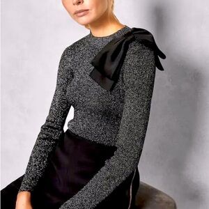 Ted Baker ribbed Silver & Black Crewneck long sleeve detachable SILK BOW Sz 1 S